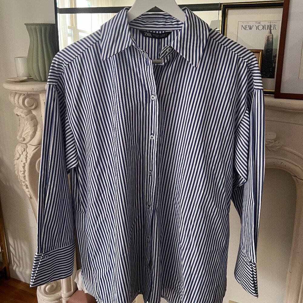 Zara Women's Striped Button-Up Blouse Blue/White size XS
